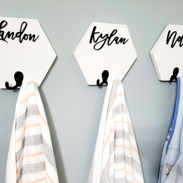 3D Hexagon Personalized Towel Rack, Kids Towel Rack, Bathroom Wall Decor, Personalized Name Hooks for Towel, Towel Holder, Hexagon Shelf