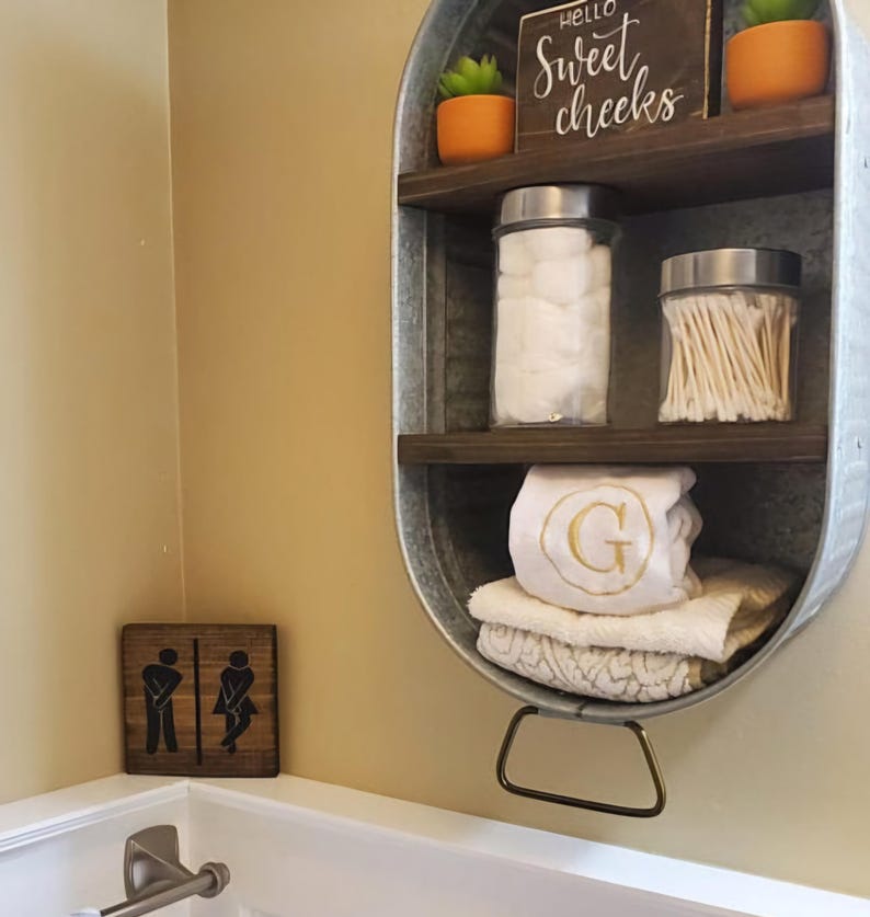 Galvanized Wash Tub With Shelves - Wall Hanging Shelf - Farmhouse Shelf - Rustic Bathroom Shelf - Mudroom or Laundry Shelf image 8