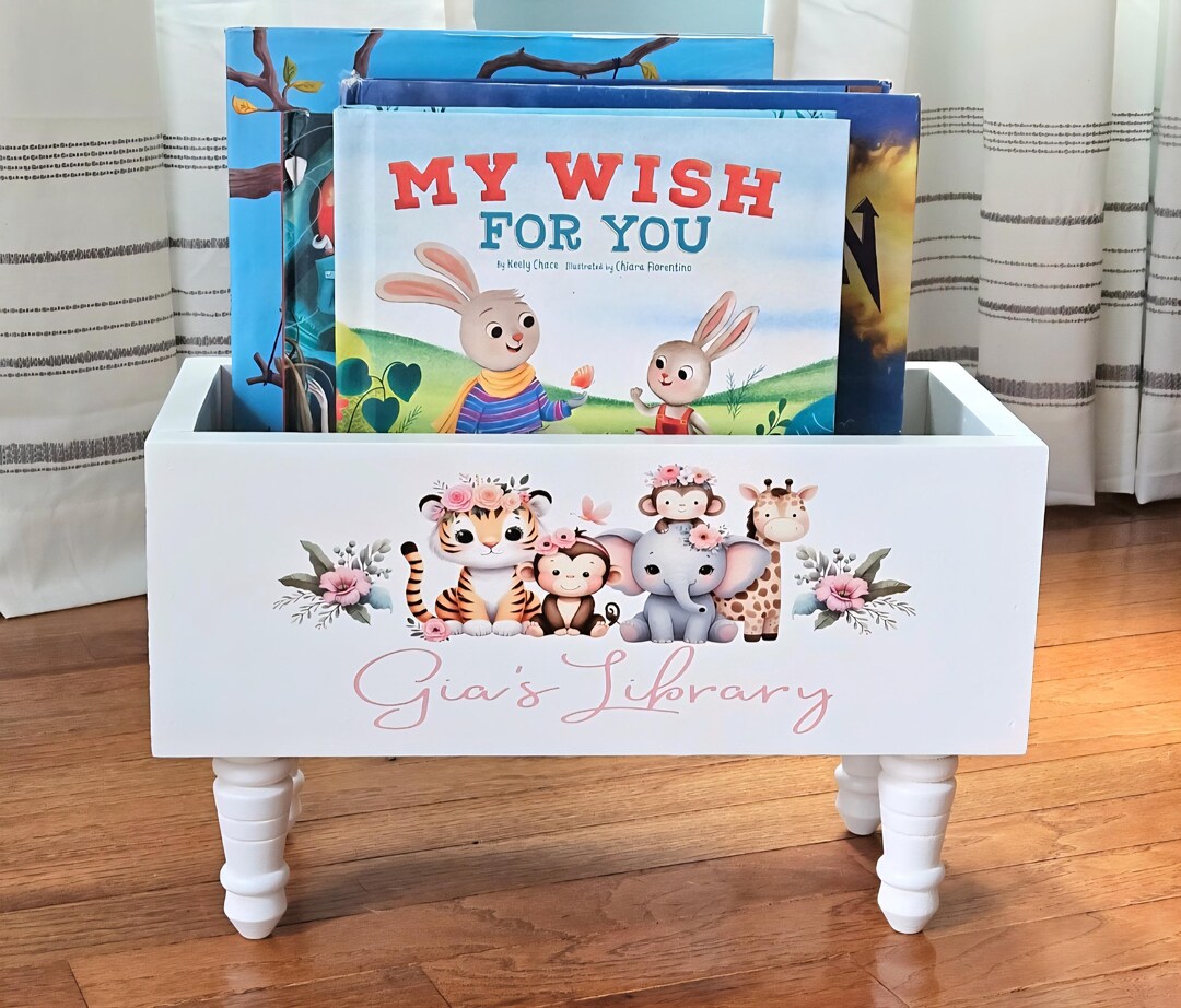 Personalized Children's Library Box, Safari Baby Book Box, Book Storage ...
