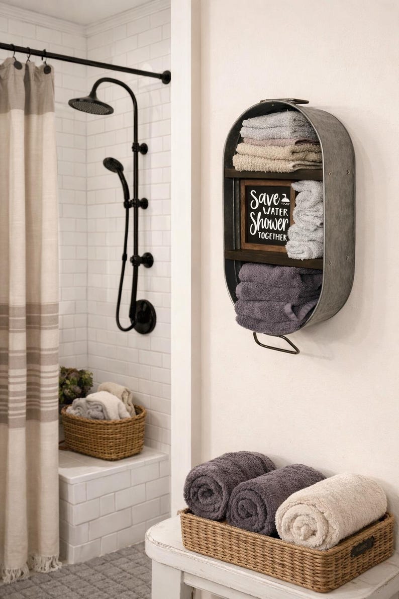 Galvanized Wash Tub With Shelves - Wall Hanging Shelf - Farmhouse Shelf - Rustic Bathroom Shelf - Mudroom or Laundry Shelf image 3