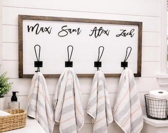 Farm Bathroom Decor for kids towels, Wood Bathroom sign, Back Pack Hooks, Kids Name Sign, Towel Holder, Towel Rack, Bathroom Hooks