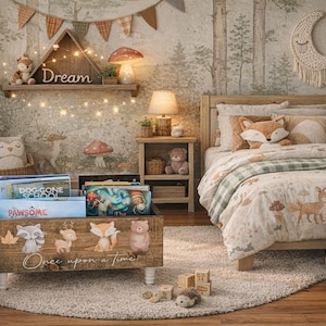 May include: A cozy children's bedroom with a woodland theme. The room features a wooden bed, a decorative shelf with the word "Dream", and a wooden toy chest with the words "Once upon a time". The bedding and decor include fox and deer motifs.
