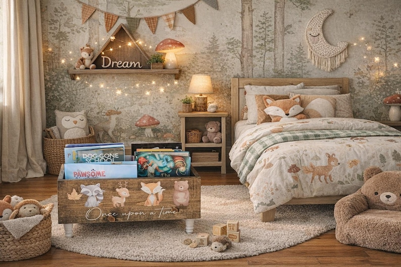 May include: A cozy children's bedroom with a woodland theme. The room features a wooden bed, a decorative shelf with the word "Dream", and a wooden toy chest with the words "Once upon a time". The bedding and decor include fox and deer motifs.