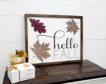 3D Hello Fall Autumn leaves sign, Boho Fall Decor, Fall Wall Decor, Fall wood sign, Fall Decorations