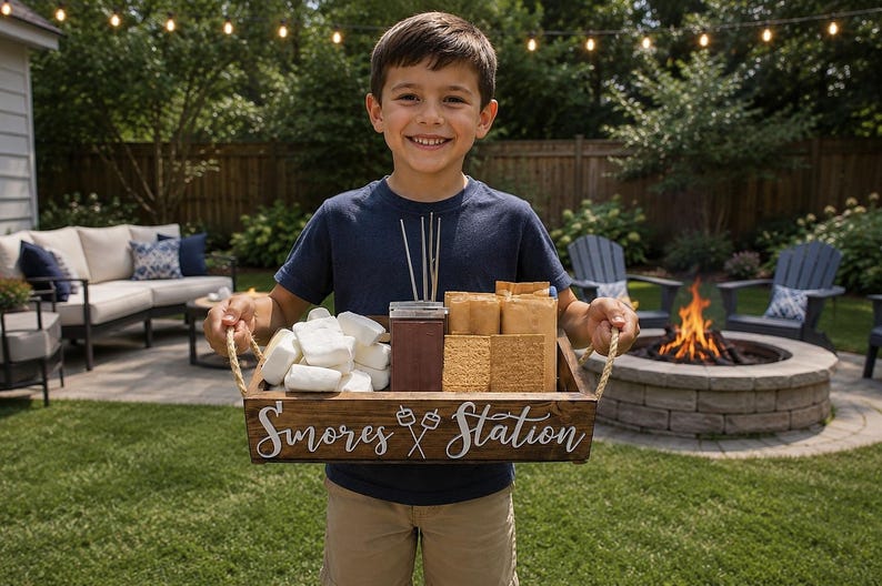May include: A rectangular dark brown wooden tray with rope handles featuring the white text S'mores Station and a graphic of two crossed roasting sticks. The tray contains a pile of white marshmallows, a container of chocolate, and graham crackers.