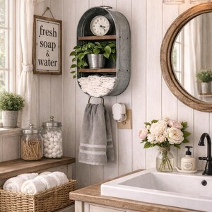 Galvanized Wash Tub With Shelves - Wall Hanging Shelf - Farmhouse Shelf - Rustic Bathroom Shelf - Mudroom or Laundry Shelf image 5