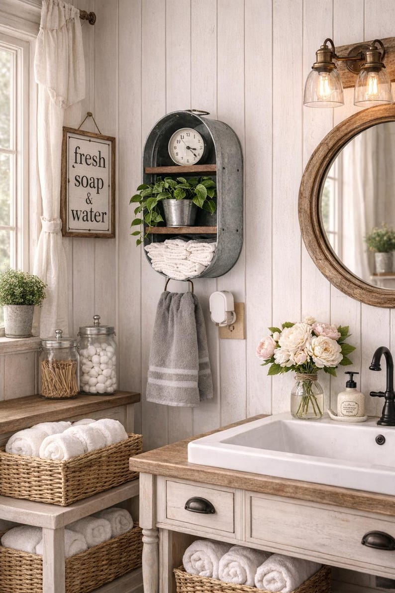 Galvanized Wash Tub With Shelves - Wall Hanging Shelf - Farmhouse Shelf - Rustic Bathroom Shelf - Mudroom or Laundry Shelf image 5