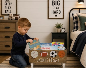 Personalized Children's library box, book box, book storage, nursery storage, Sports Room Decor, baby boy gift, bookcase, baby shower gift
