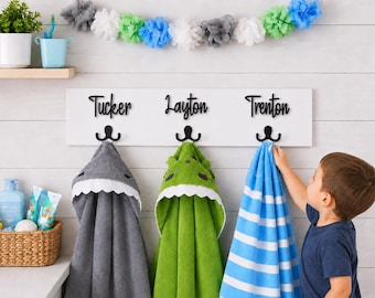 3D Farm Bathroom Decor for kids towels, Wood Bathroom sign, Back Pack Hooks, Kids Name Sign, Towel Holder, Towel Rack, Bathroom Hooks