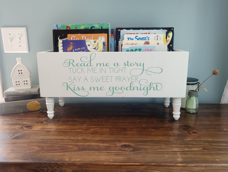 Read me a story, tuck me in tight Book Bin Book Storage Books Toy Storage Bookcase Nursery Decor Baby Shower Gift Birthday Green