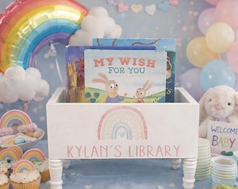 Rainbow Personalized Book Bin - Book Storage - Books - Toy Storage - Bookcase - Nursery Decor - Baby Shower Gift - Rainbow kids decor