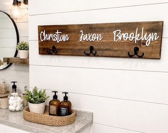3D Farm Bathroom Decor for kids towels, Wood Bathroom sign, Back Pack Hooks, Kids Name Sign, Towel Holder, Towel Rack, Bathroom Hooks