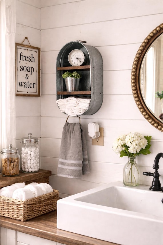 Galvanized Wash Tub With Shelves -  Wall Hanging Shelf - Farmhouse Shelf - Rustic Bathroom Shelf - Mudroom or Laundry Shelf