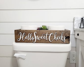 3D Hello Sweet Cheeks - Box for Toilet - Toilet Paper Holder - Rustic Bathroom Decor - Funny Bathroom Decor - Toilet Tray