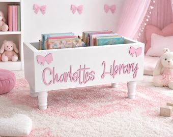 Personalized 3d Book Library box- Custom Book Box - Book Storage - Kids books - Book caddy - Bow Girls room decor