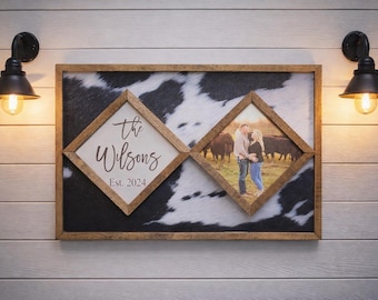 Custom Western Diamond Cowhide wooden frame sign - Cowhide last name sign - Western Decor - Wedding Gift - Anniversary gift