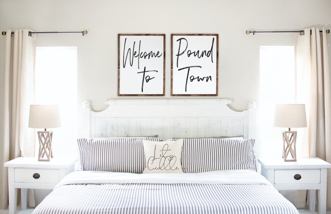 to Poundtown Wood Framed Sign, Funny Bedroom Sign, Above the