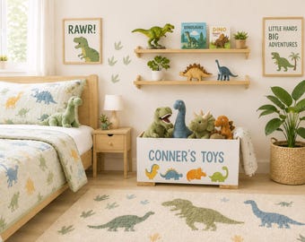 May include: A child's bedroom with a dinosaur theme. The room features a bed with a dinosaur-patterned quilt and pillow, a toy chest labeled "CONNER'S TOYS", and framed dinosaur art. A rug with dinosaur illustrations completes the playful decor.