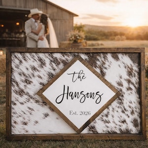 Cowhide wooden frame sign - Cowhide last name sign - Western Decor - Wedding Gift - Anniversary gift