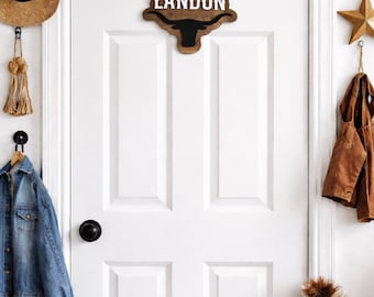 Western Name Sign For Door | Kids Room Sign | Cowboy name door sign | Western themed nursery wall decor | Bull horns | Rustic Longhorn Decor