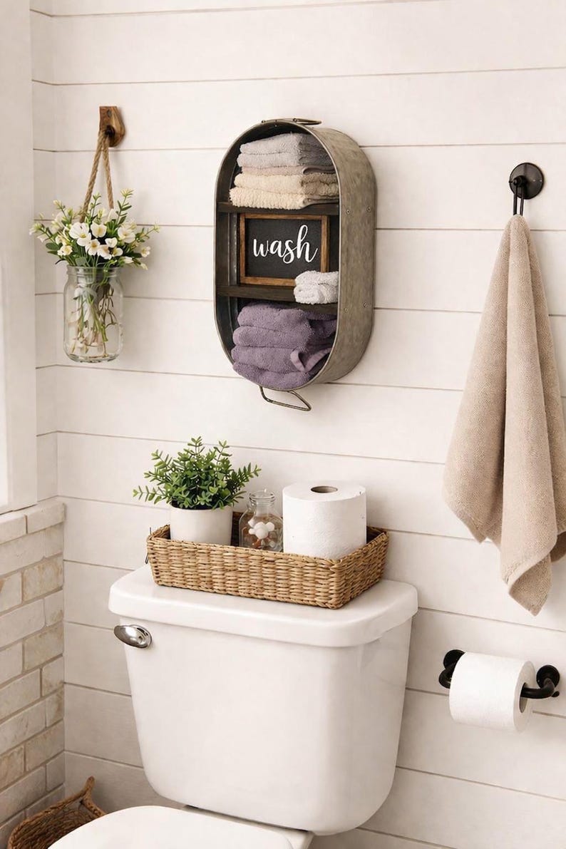 Galvanized Wash Tub With Shelves - Wall Hanging Shelf - Farmhouse Shelf - Rustic Bathroom Shelf - Mudroom or Laundry Shelf image 2