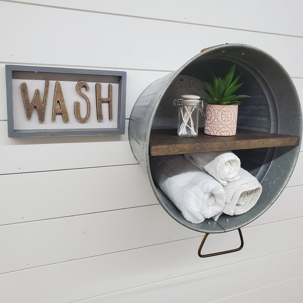 Galvanized Wash Tub With Shelves -  Wall Hanging Shelf - Farmhouse Shelf - Rustic Bathroom Shelf - Mudroom or Laundry Shelf