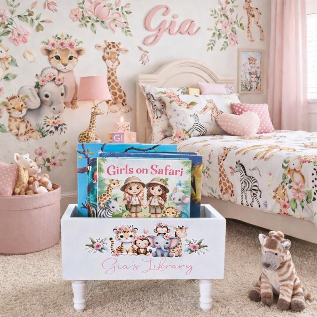 Personalized Children's Library Box, Safari Baby Book Box, Book Storage ...