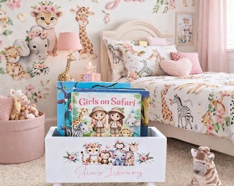 Personalized Children's library box, Safari baby book box, book storage, Safari, baby girl gift, Book basket, bookcase, baby shower gift