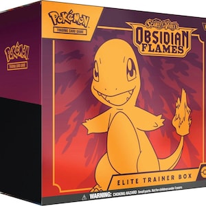 May include: A Pokémon Trading Card Game Elite Trainer Box. The box features a large orange Charmander illustration against a fiery background. The box is labeled "Scarlet & Violet Obsidian Flames" and includes a warning about choking hazards.