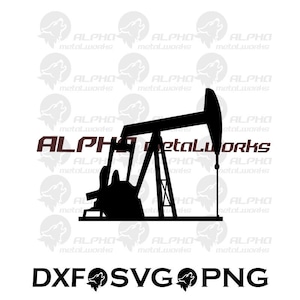 May include: Silhouette of an oil pump jack in black, with the text "ALPHA metalworks" in maroon. Below, the image includes the text "DXF SVG PNG" in black, indicating file formats.
