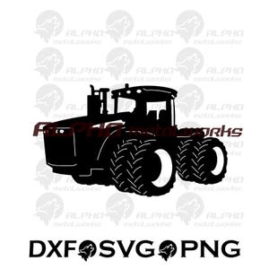 May include: Black silhouette of a tractor with large tires, a cab, and exhaust stacks. The image includes the text "DXF SVG PNG" at the bottom and the words "ALPHA metalworks" repeated across the top.