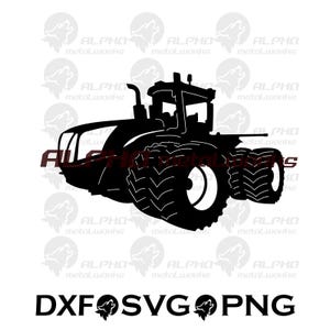 Puede incluir: Silueta negra de un tractor con neumáticos grandes, cabina y tubo de escape. La imagen incluye el texto "DXF SVG PNG" en la parte inferior. El logotipo "ALPHA metal.works" se repite en la parte superior.