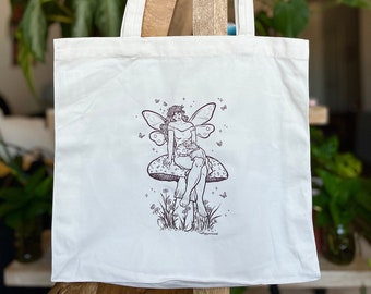 Mushroom Fairy Tote Bag ~ Beautiful Fairy Bag, Fairycore Tote Bag, Reusable Fairy Bag, Reusable Grocery Bag, Cotton Canvas Bag, Mushroom Bag