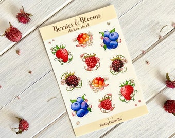 Berries & Blooms Sticker Sheet ~ Strawberry Sticker Sheet, Cottagecore Sticker Sheet, Fairy Sticker Sheet, Berry Sticker Sheet, Cute Sticker