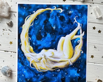 Moon Goddess ~ Moon Art, Moon Goddess Art Print, Celestial Art Print, Moon Goddess Wall Art, Goddess Art, Moon Painting, Astrology Painting