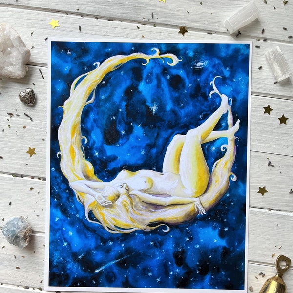 Moon Goddess ~ Moon Art, Moon Goddess Art Print, Celestial Art Print, Moon Goddess Wall Art, Goddess Art, Moon Painting, Astrology Painting