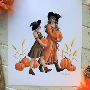 You're My Pumpkin ~ Fall Lesbian Witch Art, LGBTQ Witch Art, Sapphic Love Art, Lesbian Watercolor Art, Cottagecore Lesbian Witches Painting image 2