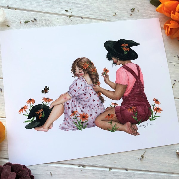 Wrześniowe Słodkie Serca ~ Lesbijska Sztuka Wiedźmy, Cottagecore Lesbijska Sztuka, LGBTQ Sztuka, Gay Witch Sztuka, Lesbijski Piknik Malarstwo, Sztuka Wiedźmy