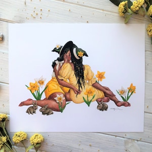 Daffodil Dream LGBTQ Art, Lesbian Art, Lesbian Witch Art Print, Lesbian Witch Watercolor Painting, POC Queer Art, Lesbian Pride Print image 2