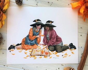 Forever Fall ~ Lesbian Fall Witch Art, Cottagecore Lesbian Art, LGBTQ Witches Wall Art, Fall Leaves Lesbian Artwork, Lesbian Witch Art Print