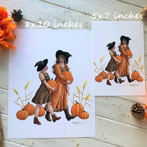 May include: Two witches in black hats and brown and orange dresses carry pumpkins in a field of wheat. The print is available in two sizes: 8x10 inches and 5x7 inches.
