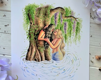 Forbidden Fruit ~ Nymph Art Print, Fantasy Art Print, Mermaid Watercolor Art, LGBTQ Art Print, Lesbian Wall Art, Sapphic Wall Art, wlw Art