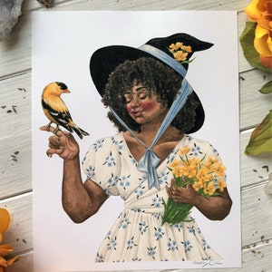 Goldfinch Witch ~ Cottagecore Witch Art Print, Watercolor Witch Art Print, Animal Witch Painting, Cottage Witch Watercolor Art, Witch Art