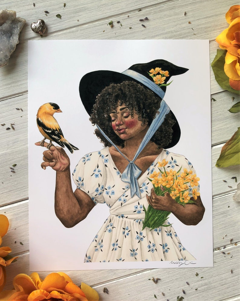 May include: A watercolor illustration of a woman wearing a witch hat with a blue ribbon and a white dress with blue flowers. She is holding a bouquet of yellow flowers and a yellow bird is perched on her finger.
