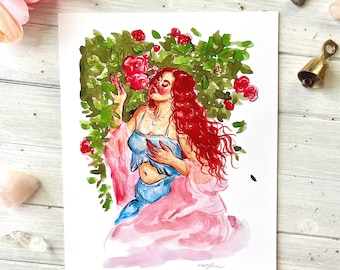 Rose Goddess ~ Garden Woman Art Print, bloemen vrouw kunst, tuin godin kunst, vrouw schilderij, vrouwelijke kunst print, vrouw aquarel schilderij