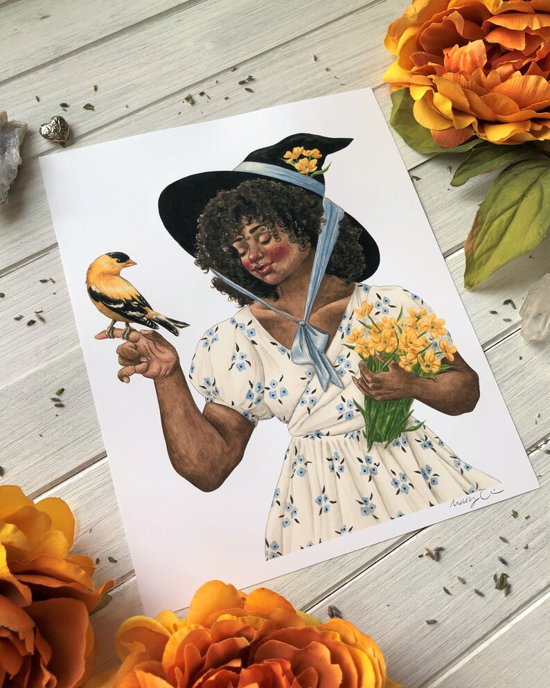 May include: A watercolor illustration of a woman wearing a witch's hat and a white dress with blue flowers. She is holding a bouquet of yellow flowers and a small yellow bird is perched on her finger.