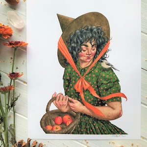 Apple Harvest Witch ~ Watercolor Witch Print, Fall Witch Giclée Print, Cottagecore Witch Art, Witchy Wall Art, Fall Wall Art, Witch Painting