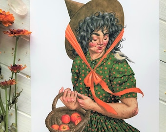 Apple Harvest Witch ~ Watercolor Witch Print, Fall Witch Giclée Print, Cottagecore Witch Art, Witchy Wall Art, Fall Wall Art, Witch Painting