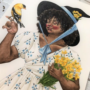 May include: A woman with dark curly hair wears a black witch hat with a blue ribbon and a white dress with blue floral print. She holds a bouquet of yellow flowers and a small yellow bird perches on her finger.