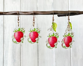 Boucles d'oreilles fraise ~ Boucles d'oreilles pendantes fraise en acrylique, boucles d'oreilles pendantes fraise, boucles d'oreilles pendantes style cottagecore